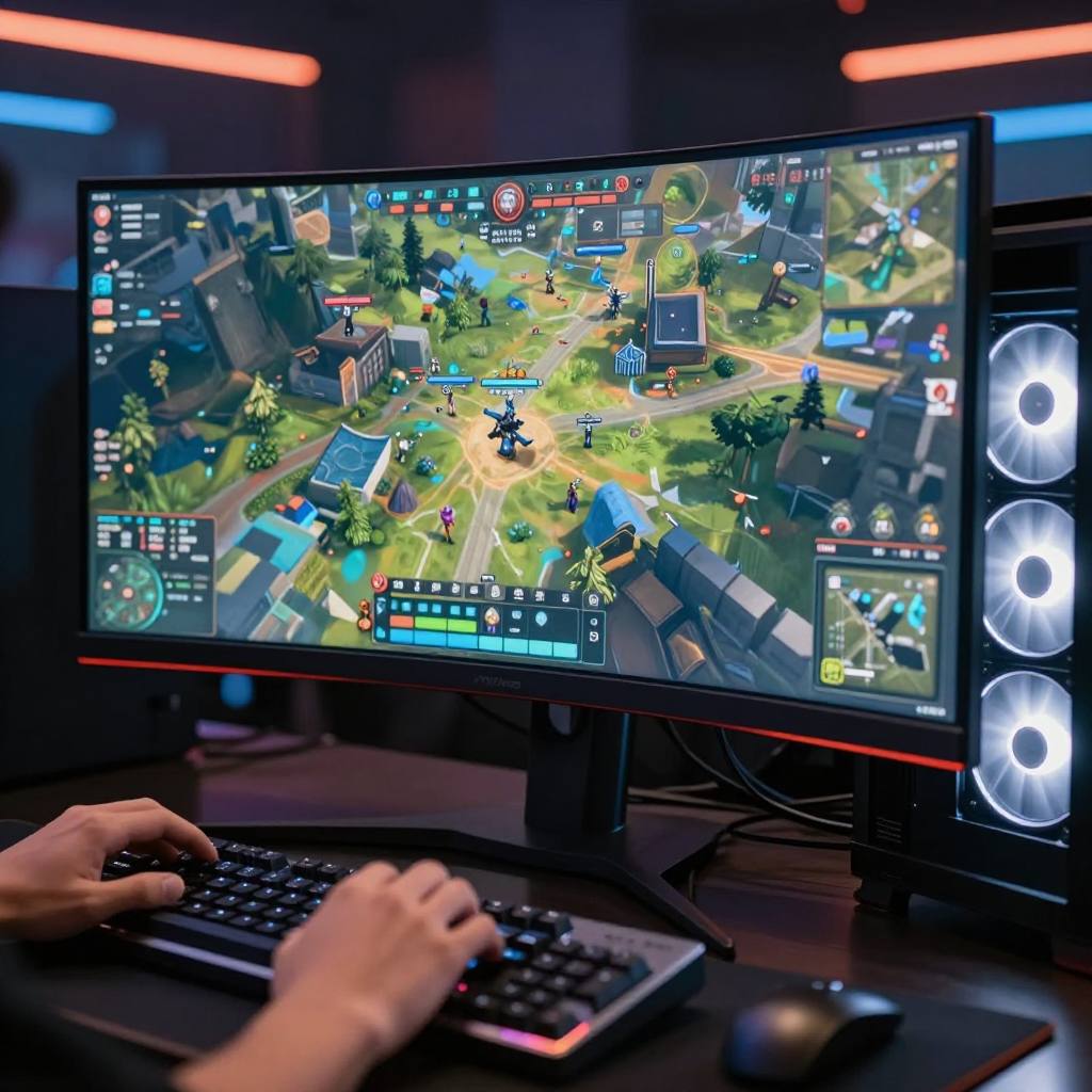 A wide curved monitor running a match at a premium Gold-tier station