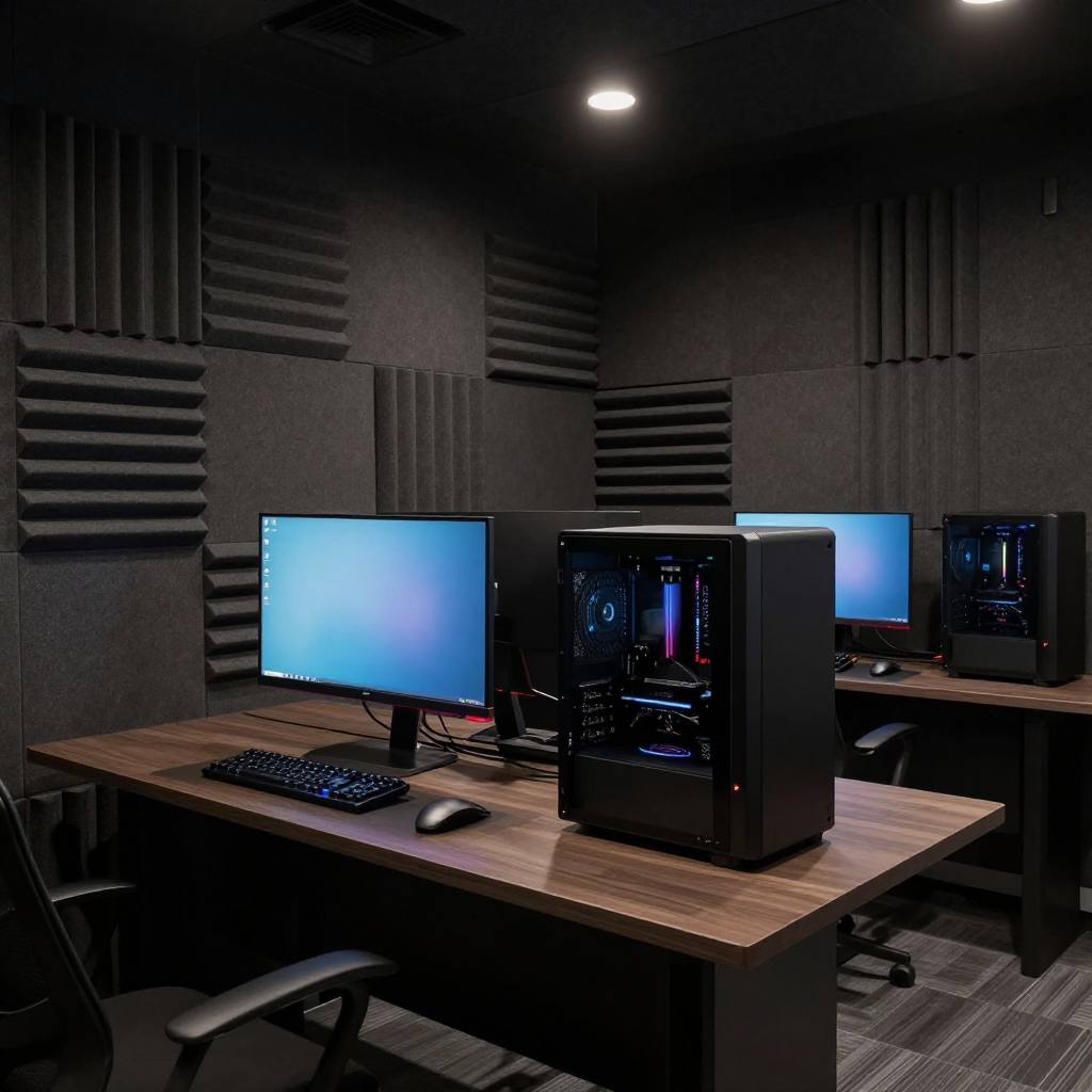 A single clean gaming station against an acoustic foam wall